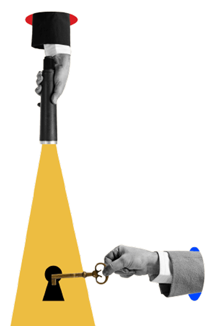 Key illustration with hands and light beam